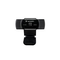 Various Verbatim (49578) AWC-01 Full HD 1080p Autofocus Webcam with Microphone, compact black webcam with adjustable stand and built-in microphone for high-quality video calls.