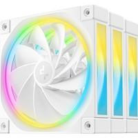 Various DeepCool FL12 120mm PWM 3 Pack Reverse White Fan, close-up of three high-performance cooling fans with 36 ARGB LEDs, fluid dynamic bearings, low noise operation, 500-2150 RPM, suitable for PC cooling.