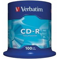Various Verbatim (43411) CD-R 52X 700MB 100 Pack Spindle Datalife Plus, cylindrical spindle of blank CD-R discs with blue packaging.