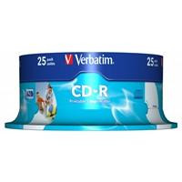 Various Verbatim (43439) CD-R Wide Inkjet Printable ID Branded 25 Pack Spindle AZO 700MB 52X, image of a spindle of 25 blank CD-R discs suitable for data storage and printing.