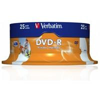Various Verbatim DVD-R Wide Inkjet Printable ID Branded 25 Pack Spindle, close-up of the disc spindle packaging with Verbatim branding and product details.