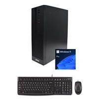 Various LOGIX 14th Gen Intel Core i7 20 Core Small Form Factor SFF Business / Education PC with 16GB RAM, 1TB SSD, Windows 11 Pro, Keyboard - front view of compact black desktop, Windows 11 Pro box, keyboard, and mouse.