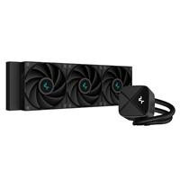 Various DeepCool LS720 SE Zero Dark All In One Liquid CPU Cooler, 360mm radiator with three 120mm DeepCool fans and water block, compatible with Intel and AMD processors.