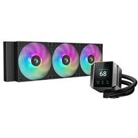 Various DeepCool Mystique 360 CPU Cooler, ARGB, personalized cooling with 2.8-inch TFT LCD screen and enhanced pump performance, featuring a 5-year warranty, in a sleek black design with RGB fans.