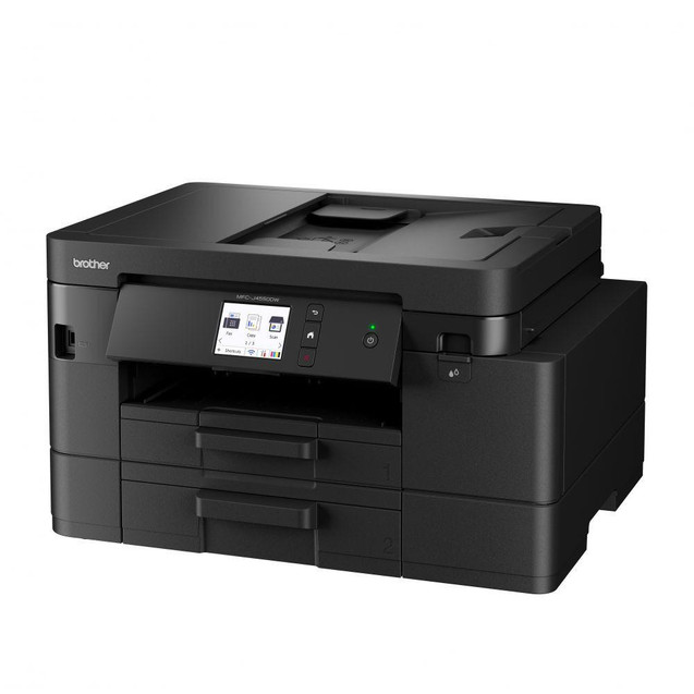 Brother MFC-J4550DW Wireless Multifunction Colour Inkjet Printer, a black multi-function printer with a touchscreen display and multiple paper trays.