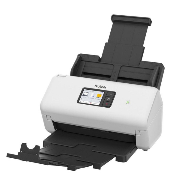 Brother ADS-4550W Desktop Document Scanner, modern compact scanner with touchscreen interface and automatic document feeder, ideal for office use.