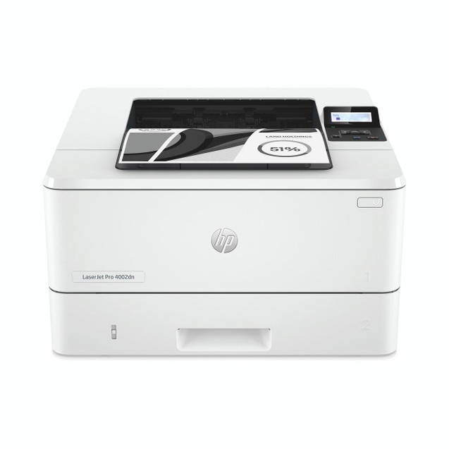 HP LaserJet Pro 4002dn Mono Laser Printer, front view of a white laser printer with a small display and control panel on the top right.