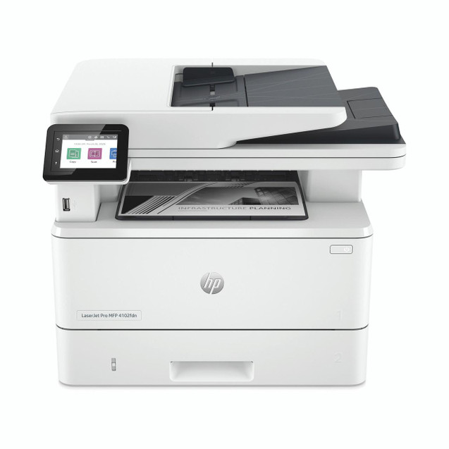 HP LaserJet Pro MFP 4102fdn Mono Laser Printer, modern multifunction monochrome laser printer with a touch screen display and automatic document feeder.