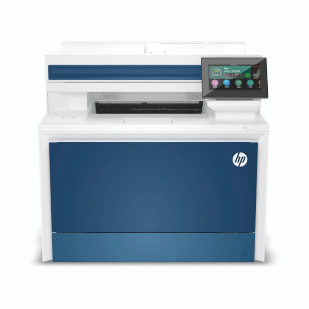 HP Color LaserJet Pro MFP 4302fdn 4-in-1 Clr Laser Printer, front view showing the print, scan, copy, and fax functions with a digital touchscreen display.