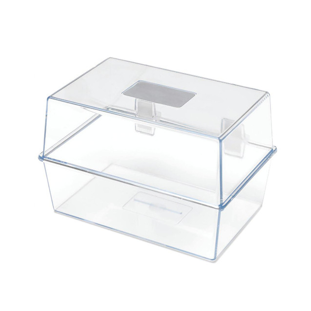 CW Office 5 Star Card Index Box 8X5IN Crystal, transparent plastic card index box with a lid for organizing business cards or index cards.