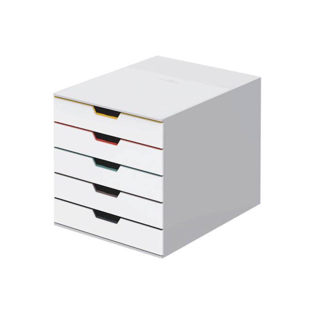 CW Office Durable Varicolor Mix 5 Drawer Unit, white storage cabinet with colorful trim on drawers.