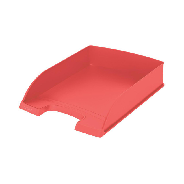CW Office Leitz Recycle Letter Tray A4 Red, image of a bright red paper letter tray for organizing documents in an office setting.