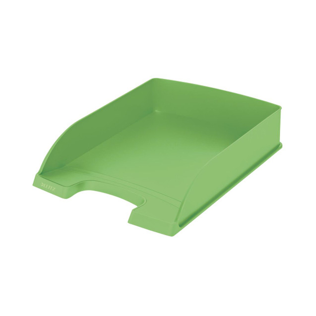 CW Office Leitz Recycle Lettr Tray A4 Green, a vibrant green paper letter tray designed for organization and recyclables.