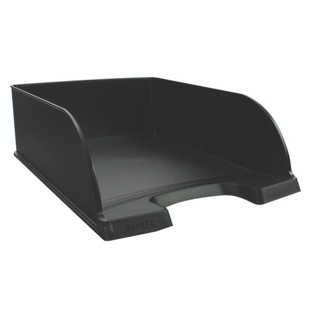 CW Office Leitz Plus Letter Tray Jumbo Black, a large black plastic letter tray with a curved design for organized desk storage.