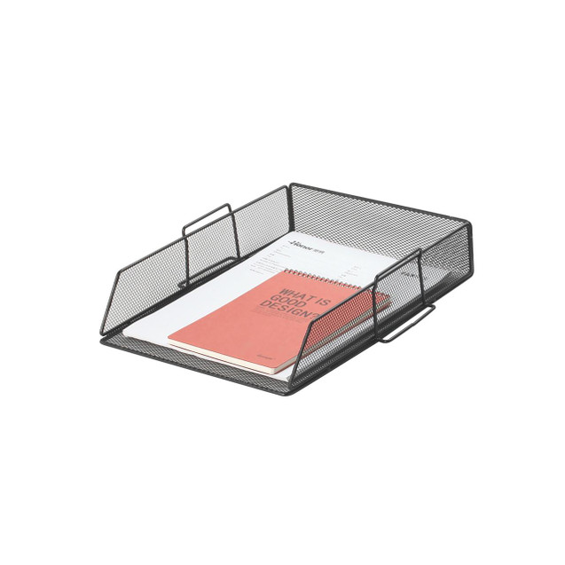 CW Office Q-Connect Stackable Letter Tray Black, a black metal mesh storage tray with a stackable design and handles for organizing documents.