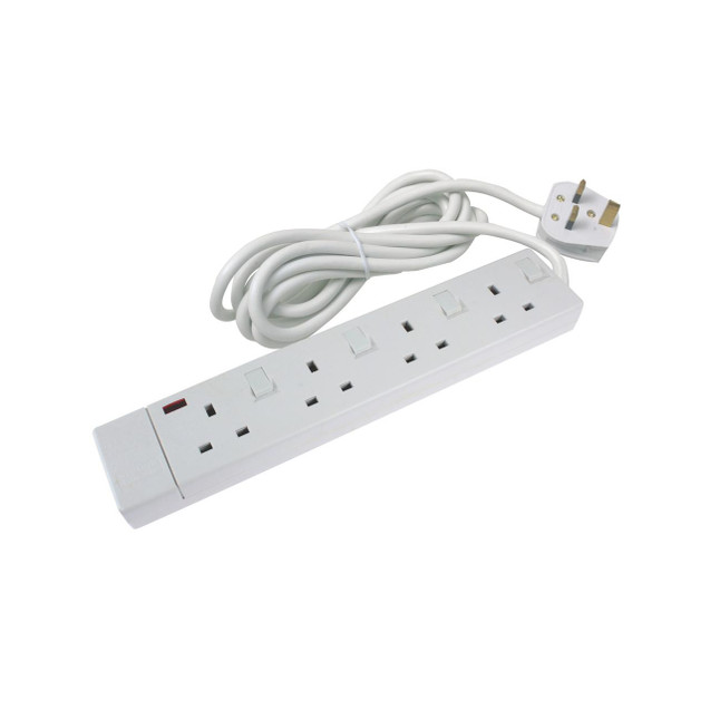 CW Office Ced 4-WAY Extension Lead White, a white electrical power strip with four outlets and a connected power cable for multiple device connections.