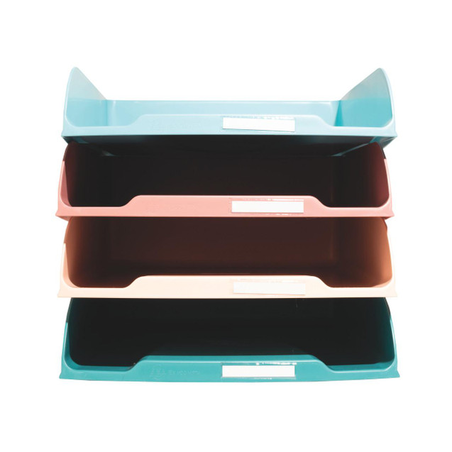 CW Office Skandi Letter Tray Ast. Col PK 4, a set of four colorful plastic letter trays stacked vertically in pastel shades of blue, pink, peach, and turquoise, designed for organizing letters and documents in an office.