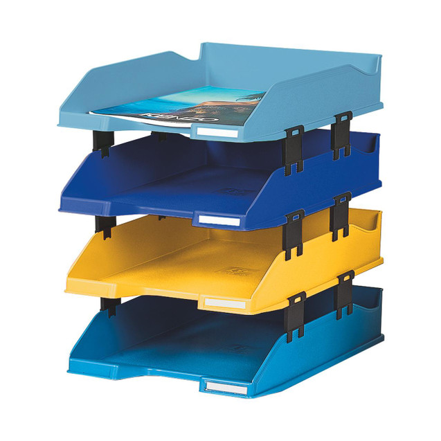 CW Office Exacompta Bee Blue Letter Trays PK 4, four colorful stacked letter trays in blue, yellow, and light blue for organizing documents.