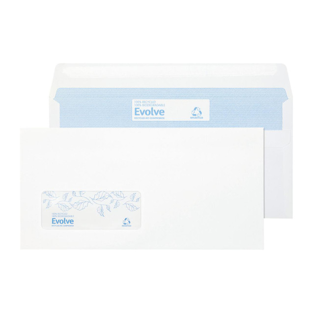 CW Office Evolve Env DL Wd Ss 90G Wh PK1000, image of white recycled envelopes with blue accents for office use, eco-friendly packaging design.