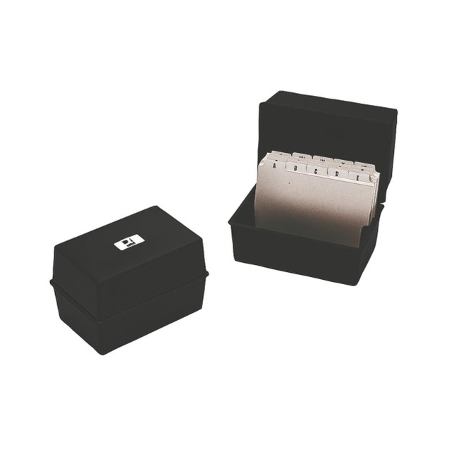 CW Office Q-Connect Card Index Box 127X76 Black, open black card index storage box with labeled index dividers inside for organizing cards.