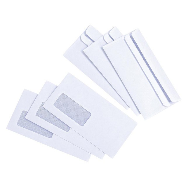 CW Office DL Wdw Wallet Env Psea WHT PK1000, pack of 100 white envelopes with security window design.