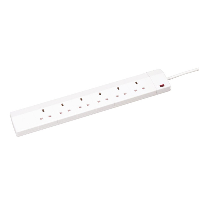 CW Office Ced 6-GANG Extension Lead 2M White, white power strip with six outlets and a 2-meter cord.