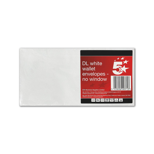 CW Office DL Wallet Env Self Seal WHT PK25, pack of white envelope wallets with no window, 25 pieces
