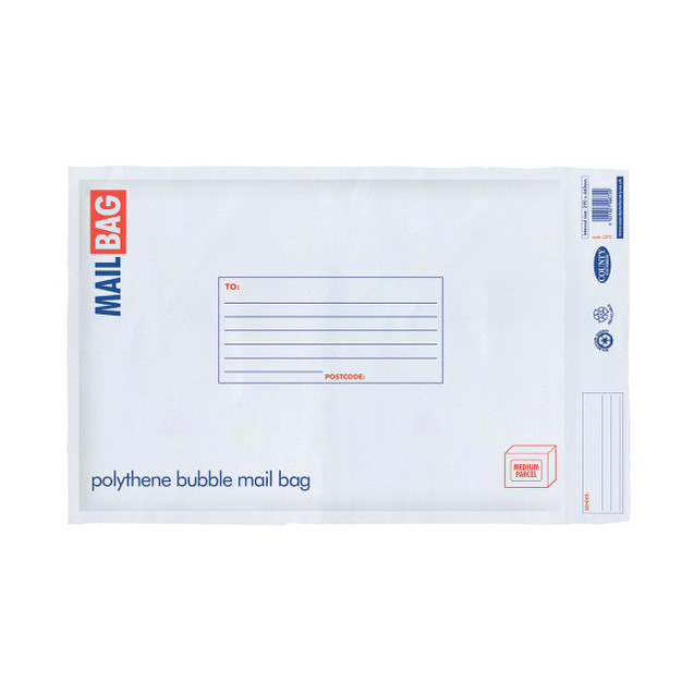 CW Office Poly Bubble Envelopes Large PK10, large pack of bubble mail envelopes with space for addresses and postage, designed for secure shipping of items.