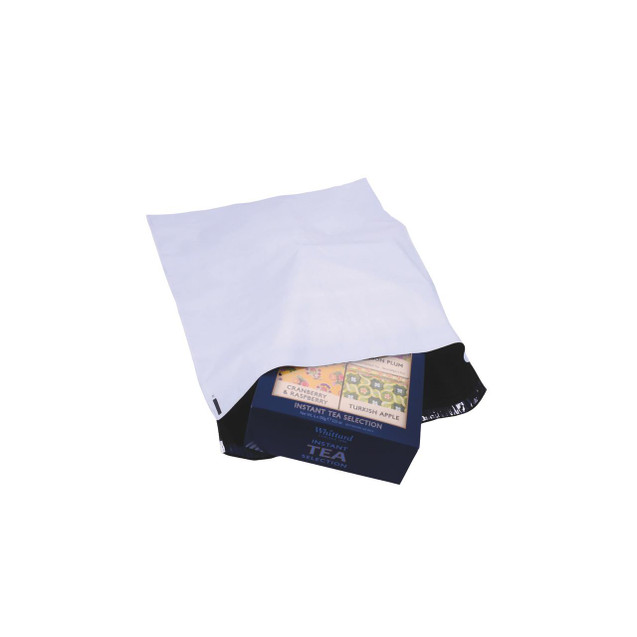 CW Office Gosecure Polt Mail BAG 400X430 PK100, white secure mailing bag containing a box of tea bags.