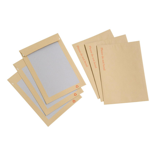 CW Office RCYC C4 Brdb Env Plsl Man PK125, pack of brown paper envelopes with white interior lining and red recycling symbols on the corner, suitable for office or mailing purposes.