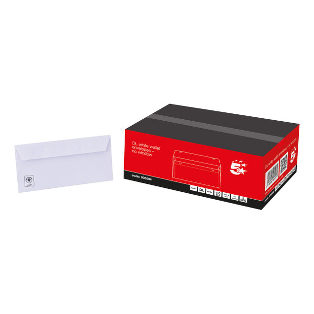 CW Office DL Wallet Env Plsl 100GSM WHT PK500, white paper envelopes with no window and 500 pieces in a box.