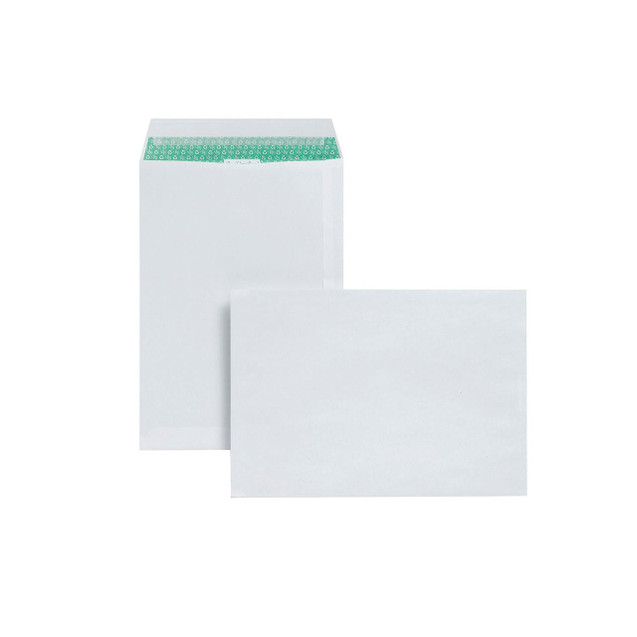 CW Office Basildon Bond C4 Pkt 120G White PK50, stack of white C4 envelopes with green patterned flap