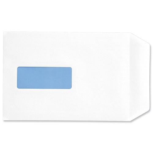 CW Office C5 Window Pkt Env Sseal WHT PK500, white window envelope with a blue window window pouch.