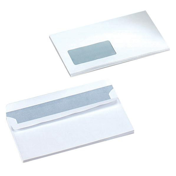 CW Office DL Wdw Wallet Env Sseal WHT PK1000, white dollar-size presealed window envelopes with self-adhesive strips for mailing.