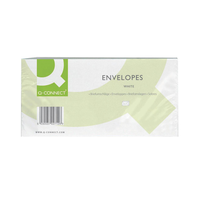 Product CW Office DL Envelope Wal Wdw 100GSM WHT PK500, white DL size envelopes for business mailing, packaged in a box.
