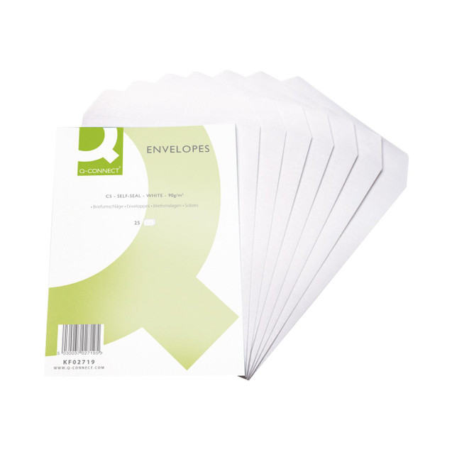 CW Office Q-Connect Envelope C5 90GSM White, pack of 25 self-seal white envelopes with barcode and product information on the packaging.