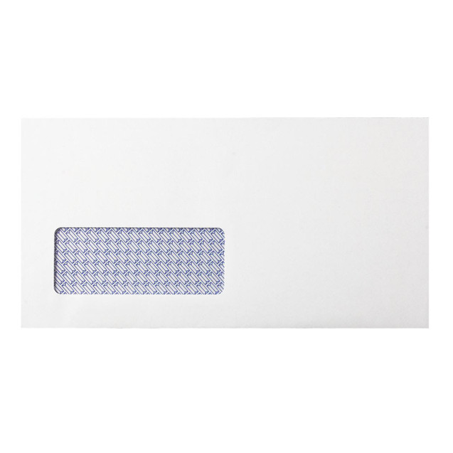 CW Office Q-Connect DL Envelope, white paper envelope with a window on the front showing a blue patterned interior.