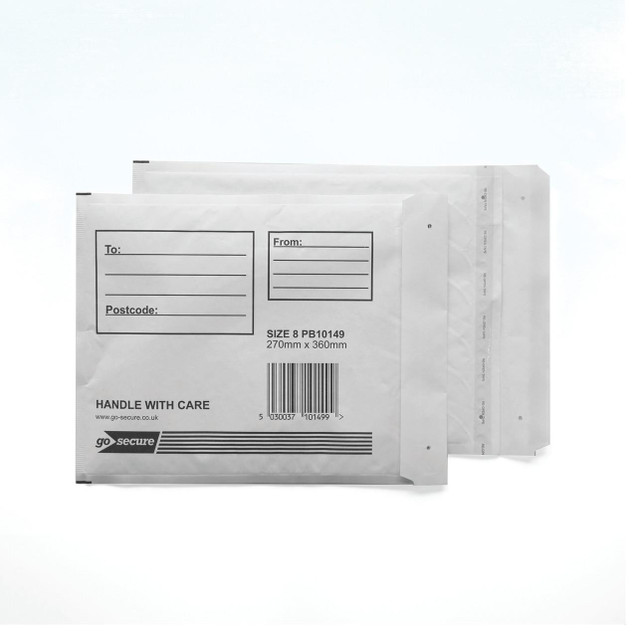 CW Office Gosecure Bubble Env Size 8 WHT PK10, image of white bubble envelopes with address fields and barcode for mailing or shipping.