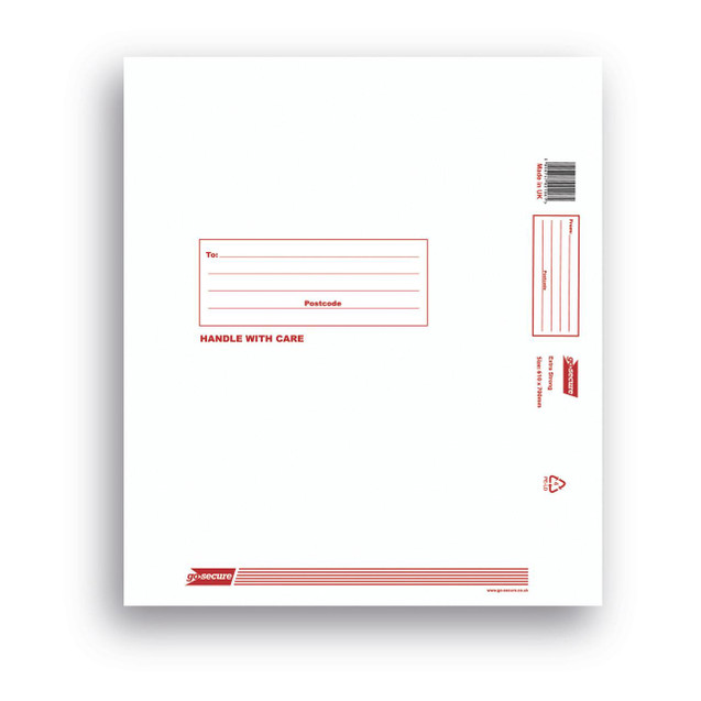 CW Office Gosecure Xstrn Poly Env 610X700 PK25, white poly envelope with red printed address fields and handle with care message.