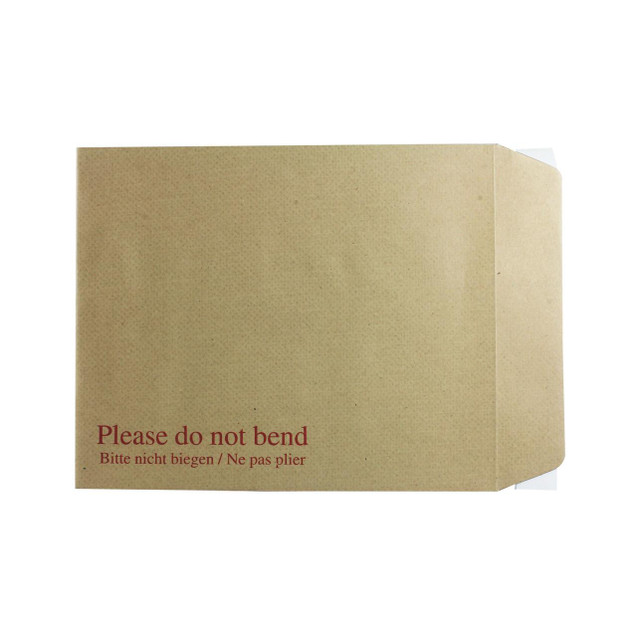 CW Office Q-Connect Board-Back Env Manilla Ps, a manila envelope with a brown textured surface and a warning label that says 'Please do not bend' in English, German, and French.