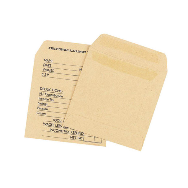 CW Office Q-Connect Env Wage Print Ss PK1000, beige wage slip with printed details inside an open paper envelope.