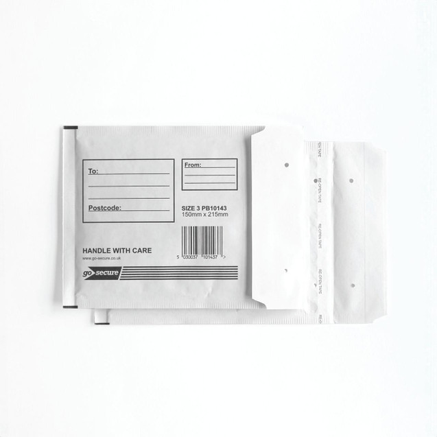 CW Office Gosecure Bubble Env Size 3 WHT PK10, a pack of white bubble envelopes with printed labels and barcode for mailing and packaging.