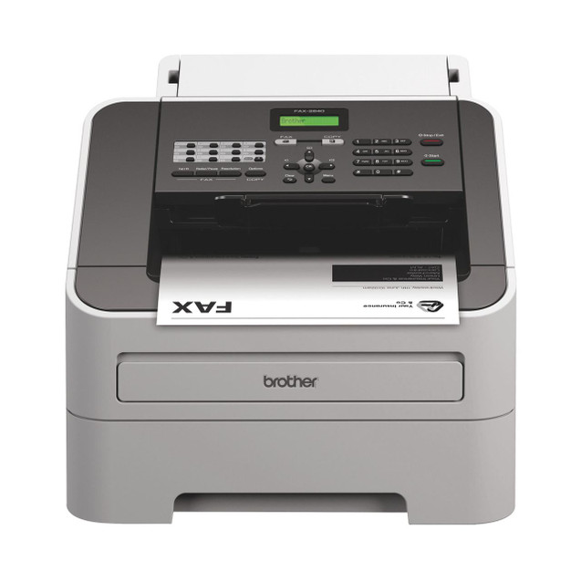 CW Office Brother FAX-2840 Mono Laser Fax GREY, modern grey office laser fax machine with paper output and control panel.