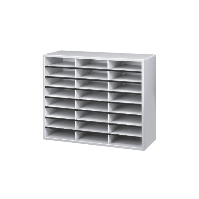 CW Office Fellowes Lit Org 24 A4 Cmprt Dve GRY, gray multi-compartment paper organizer with multiple shelves for office use.