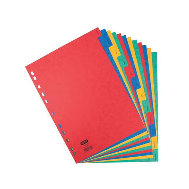 CW Office Elba Jan-Dec Divider Pressboard A4, colorful organizational dividers with months labeled, ideal for office or school filing and organization.