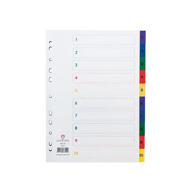 CW Office Concord M/Col P/Prop Index A4 1-10, colorful tabbed index dividers for A4 file organization with numbered sections from 1 to 10.