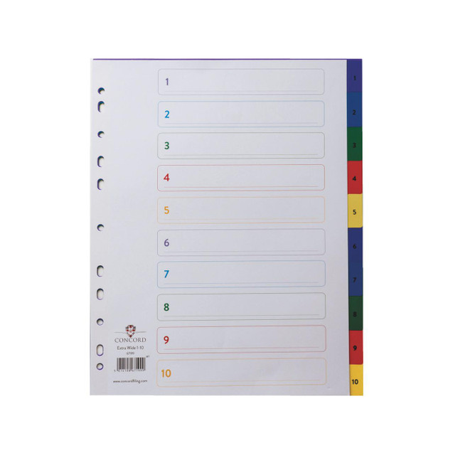 Product CW Office Concord Index 1-10 A4 Ew PP Mcol, colorful multi-tab index organizer for filing and organization.