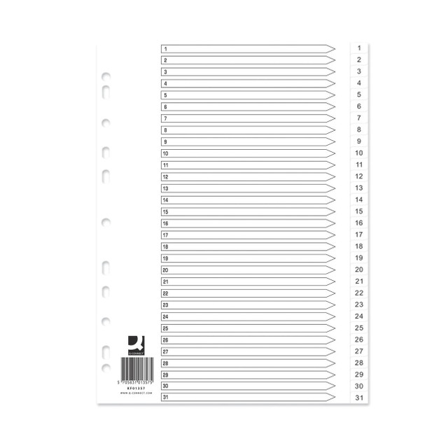 CW Office Q-Connect Index 1-31 White PK10, index dividers with numbered tabs from 1 to 31 for organizing files.