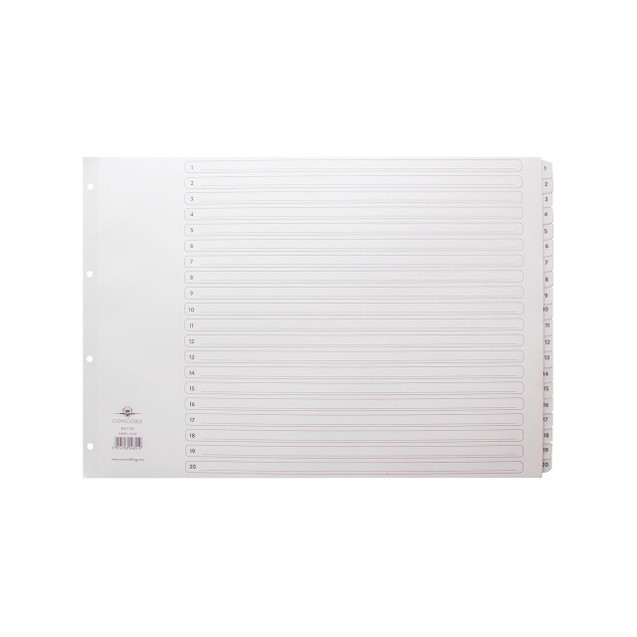 CW Office Concord Clasc A3 1-20 Mylar Index WHT, a white index divider sheet with numbered tabs from 1 to 20 for organizing documents.