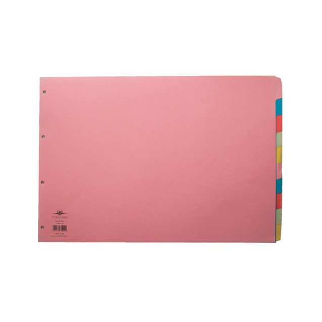 CW Office Concord Dvdr 10PART A3 Landscape AST, pink multi-tab file folder for organizing documents.